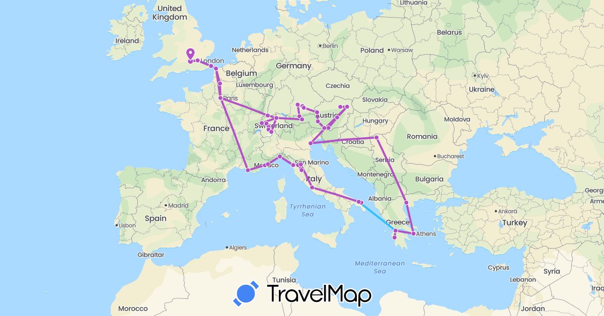 TravelMap itinerary: driving, train, hiking, boat in Austria, Switzerland, Germany, France, United Kingdom, Greece, Italy, Serbia (Europe)